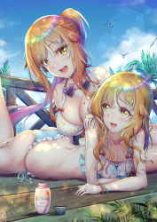 Rule 34 | 1boy, 1girl, androgynous, ass, ass focus, bikini, blonde hair, blush, breasts, brother and sister, cleavage, crossdressing, unworn eyewear, hand on thigh, highres, huge ass, large breasts, long hair, looking back, looking down, lying, natsusora aona, natsusora wakana, novady, on stomach, original, shiny skin, siblings, side-tie bikini bottom, smile, sunbathing, sunglasses, sunglasses removed, swimsuit, trap, wide hips, yellow eyes
