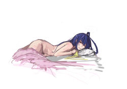 Rule 34 | 1girl, antenna hair, bed sheet, blazblue, blazblue remix heart, blue hair, cropped legs, drooling, gender request, genderswap, hair down, half-closed eyes, highres, long hair, looking at viewer, lying, mai natsume, naked sheet, navel, nude, on stomach, open mouth, panties (pantsu-pirate), pillow, red eyes, ribbon, simple background, solo