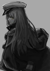 Rule 34 | 1girl, a.t. zero, bad id, bad twitter id, character request, copyright request, crossed arms, epaulettes, female focus, from behind, grey background, hat, highres, jacket, jacket on shoulders, military, military uniform, monochrome, scar, scar across eye, scar on face, simple background, sketch, solo, spot color, uniform, yellow eyes