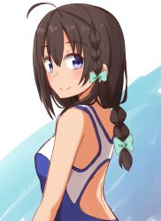 Rule 34 | 1girl, ahoge, backless outfit, backless swimsuit, bad id, bad pixiv id, black hair, blue one-piece swimsuit, blush, bow, braid, breasts, casual one-piece swimsuit, closed mouth, from side, green bow, hair between eyes, hair bow, high school fleet, highres, kapatarou, looking at viewer, looking back, multicolored clothes, multicolored swimsuit, one-piece swimsuit, purple eyes, side braid, small breasts, smile, solo, swimsuit, uchida mayumi, white one-piece swimsuit