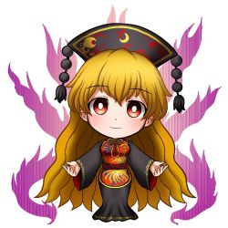 Rule 34 | 1girl, belt, blonde hair, bow, breasts, chibi, chinese clothes, closed mouth, crescent, dress, energy, grey dress, grey hat, grey sleeves, hair between eyes, hands up, hat, hoshii 1213, junko (touhou), legacy of lunatic kingdom, long hair, long sleeves, looking at viewer, medium breasts, pom pom (clothes), red belt, red eyes, red vest, simple background, smile, solo, standing, touhou, very long hair, vest, white background, wide sleeves, yellow bow, yellow neckwear