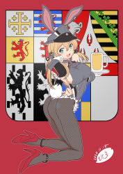 Rule 34 | 1girl, adapted costume, alcohol, animal ears, aqua eyes, ass, beer, beer mug, blonde hair, breasts, coat of arms, commentary request, cup, detached sleeves, fake animal ears, fishnet pantyhose, fishnets, grey hat, grey leotard, hat, kantai collection, kneeling, large breasts, leotard, long hair, looking at viewer, military hat, moke ro, mug, pantyhose, peaked cap, playboy bunny, prinz eugen (kancolle), rabbit tail, red background, red footwear, sideboob, solo, tail, tray, twintails