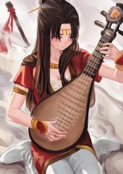 Rule 34 | 1girl, absurdres, armlet, biwa lute, black hair, breasts, cleavage, crying, flag, hair ornament, hair stick, hehuyezi, highres, instrument, long hair, lute (instrument), music, original, parted bangs, playing instrument, sitting, solo, wariza, white footwear, white legwear