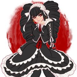 Rule 34 | 1girl, black hair, black jacket, black legwear, black skirt, blunt bangs, blushyspicy, bonnet, breasts, celestia ludenberg, center frills, claw ring, closed mouth, danganronpa: trigger happy havoc, danganronpa (series), drill hair, earrings, frills, gothic lolita, hand up, jacket, jewelry, large breasts, layered skirt, lolita fashion, long hair, long sleeves, looking at viewer, necktie, red background, red eyes, red necktie, sitting, skirt, smile, solo, twin drills, twintails, white background