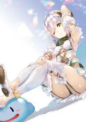 Rule 34 | 1girl, arm up, armpits, atelier (series), atelier sophie, female focus, garter straps, green eyes, hand on own knee, crossed legs, official art, one eye closed, parted lips, plachta, puni (atelier), solo, symbol-shaped pupils, white hair, yuugen