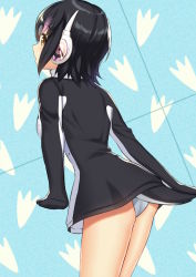 Rule 34 | 10s, 1girl, ass, bad id, bad pixiv id, black hair, blush, brown eyes, cccpo, commentary request, from behind, headphones, hood, humboldt penguin (kemono friends), jacket, kemono friends, leotard, looking at viewer, looking back, multicolored hair, open mouth, penguins performance project (kemono friends), pink hair, short hair, solo, white leotard