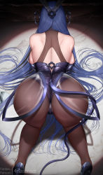 Rule 34 | 1girl, all fours, animal ears, ass, azur lane, bare shoulders, black leotard, black pantyhose, blue hair, bodystocking, breasts, facing away, fake animal ears, fouriasensei, from behind, headgear, high heels, highres, large breasts, leotard, long hair, new jersey (azur lane), new jersey (exhilarating steps!) (azur lane), official alternate costume, pantyhose, playboy bunny, rabbit ears, sideboob, solo, very long hair, watermark