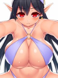 Rule 34 | 1girl, all fours, anette (pso2), armpits, asamura hiori, bikini, black hair, blush, breasts, cleavage, closed mouth, earrings, frown, highres, huge breasts, jewelry, katori (pso2), long hair, looking at viewer, navel, o-ring, o-ring bikini, phantasy star, phantasy star online 2, pointy ears, purple bikini, red eyes, shiny skin, solo, swimsuit, tears, white background