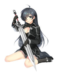 Rule 34 | 1girl, absurdres, ahoge, aqua eyes, black coat, black gloves, black hair, blush, breasts, cleavage, cleavage cutout, clothing cutout, coat, deinoa silva, eyes visible through hair, full body, gloves, hair over one eye, highres, holding, holding sword, holding weapon, long hair, long sleeves, looking at viewer, maou toubatsu shita ato medachitakunai node guild master ni natta, medium breasts, miniskirt, naruse hirofumi, novel illustration, official art, parted lips, simple background, sitting, skirt, solo, sword, textless version, wariza, weapon, white background