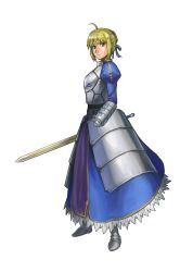 Rule 34 | 1girl, ahoge, armor, armored dress, artoria pendragon (all), artoria pendragon (fate), blonde hair, dress, fate/stay night, fate (series), faulds, gauntlets, green eyes, hair ribbon, highres, korosuke1, ribbon, saber (fate), simple background, solo, sword, weapon, white background
