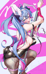 Rule 34 | 1girl, animal ears, ass, back, black leotard, blue eyes, blue hair, blush, breasts, brown pantyhose, cuffs, fake animal ears, fake tail, fishnet pantyhose, fishnets, handcuffs, hatsune miku, highres, large breasts, leotard, long hair, looking at viewer, looking back, open mouth, pantyhose, playboy bunny, pole, rabbit ears, rabbit hole (vocaloid), rabbit tail, sasakuma kyouta, smile, solo, strapless, strapless leotard, stripper pole, tail, thighs, twintails, vocaloid
