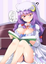 Rule 34 | 1girl, angry, bed, black panties, blush, book, breasts, cleavage, crescent, crescent hair ornament, deego (omochi bazooka), hair ornament, hair ribbon, hat, highres, inconvenient breasts, large breasts, looking at viewer, panties, patchouli knowledge, ribbon, solo, touhou, underwear, upskirt