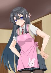 Rule 34 | 10s, 1girl, apron, black hair, blue skirt, blush, breasts, brown pantyhose, closed mouth, collared shirt, commentary request, door, grey shirt, hair between eyes, hair ornament, hairclip, hands on own hips, indoors, iseshi, long hair, looking at viewer, pantyhose, pink apron, pleated skirt, purple eyes, rabbit hair ornament, red neckwear, sakurajima mai, seishun buta yarou, shirt, short sleeves, skirt, small breasts, solo, standing, sweater vest, very long hair