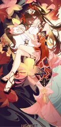Rule 34 | 1girl, artist name, bell, black choker, brown hair, character doll, choker, commentary request, covering own mouth, criss-cross halter, crossed legs, dress, fish, flower, fox mask, full body, halterneck, hand over own mouth, highres, honkai: star rail, honkai (series), long hair, looking at viewer, mask, mask on head, nail polish, neck bell, open mouth, pink eyes, pink flower, puppet, puppet strings, red dress, red nails, sandals, smile, solo, sparkle (honkai: star rail), stelle (honkai: star rail), tassel, themoonstarsandyou, toenail polish, toenails, trailblazer (honkai: star rail), very long hair