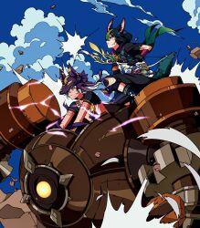 Rule 34 | 2boys, animal ears, animal hat, black choker, black gloves, black hair, black pants, blue sky, blunt ends, bow (weapon), brown eyes, cape, capri pants, chinese commentary, choker, closed mouth, cloud, commentary request, crop top, cyno (genshin impact), dark-skinned male, dark skin, day, debris, drawstring, egyptian clothes, electricity, expressionless, fake animal ears, floating hair, fox boy, fox ears, fox tail, genshin impact, gloves, green cape, green eyes, green hair, hair over one eye, hat, highres, holding, holding bow (weapon), holding weapon, hood, hood down, hoodie, hunter&#039;s path (genshin impact), jackal ears, long hair, male focus, medal, multicolored clothes, multicolored hair, multiple boys, one eye covered, outdoors, pants, parted lips, purple headwear, purple ribbon, purple sash, ribbon, riding, robot, rock, ruin golem (genshin impact), sash, secretmirage, short hair, short sleeves, sky, streaked hair, tail, tassel, tighnari (genshin impact), usekh collar, v-shaped eyebrows, vision (genshin impact), weapon, white hair, wrist cuffs