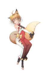 Rule 34 | 1girl, absurdres, ahoge, animal ears, breasts, detached sleeves, dress, fox ears, fox girl, fox tail, full body, gloves, highres, holding own tail, light brown hair, luren dog, original, simple background, small breasts, tail, toeless legwear, white background, yellow eyes