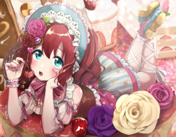 Rule 34 | 1girl, :o, ankle lace-up, aqua eyes, bad feet, blush, bonnet, cake, commentary request, cross-laced footwear, crossed ankles, detached sleeves, dress, feet up, flower, food, fruit, hair flower, hair ornament, hand on own chin, head rest, heart, highres, holding, holding food, holding fruit, kurosawa ruby, lolita fashion, looking up, love live!, love live! school idol festival, love live! sunshine!!, lying, on stomach, open mouth, red hair, shoes, socks, solo, strawberry, two side up, wristband, yuama (drop)
