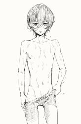 Rule 34 | 1boy, high speed!, kirishima ikuya, male focus, male swimwear, monochrome, topless male, swim trunks, tataru (pixiv 785179), undressing, wet