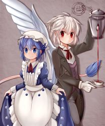 Rule 34 | 2girls, alternate costume, apron, blue eyes, blue hair, buna shimeji (keymush), butler, cup, decantering, doremy sweet, enmaided, expressionless, female butler, gloves, grey background, hat, highres, jacket, juliet sleeves, kishin sagume, long sleeves, looking at viewer, maid, maid apron, mob cap, multiple girls, open clothes, open jacket, postmark, puffy sleeves, red eyes, saucer, single wing, skirt hold, smile, tail, tapir tail, teacup, teapot, touhou, waistcoat, white gloves, white hair, wings