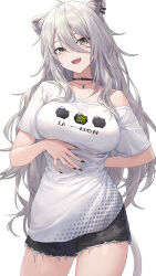 Rule 34 | 1girl, animal ears, arm behind back, bare shoulders, black choker, black nails, breasts, choker, clothes writing, collarbone, fang, fingernails, grey eyes, grey hair, guchico, hair between eyes, highres, hololive, jewelry, large breasts, lion ears, lion girl, lion tail, long hair, looking at viewer, nail polish, necklace, off-shoulder shirt, off shoulder, shirt, shishiro botan, shishiro botan (casual), simple background, sketch, solo, tail, teeth, thighs, upper teeth only, virtual youtuber, white background, white shirt
