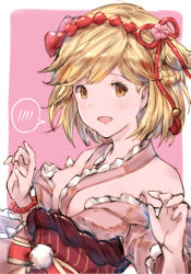 Rule 34 | 1girl, :d, bad id, bad pixiv id, bare shoulders, bead bracelet, beads, blonde hair, blush, bracelet, breasts, brown eyes, djeeta (granblue fantasy), granblue fantasy, hair ribbon, highres, jewelry, long sleeves, looking at viewer, milli little, obi, off shoulder, open mouth, pink background, pom pom (clothes), red ribbon, ribbon, sash, short hair, simple background, sketch, small breasts, smile, solo, spoken blush, upper body, w arms