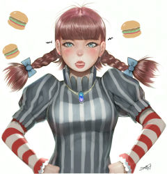 Rule 34 | 1girl, blue bow, blue eyes, blunt bangs, blush, bow, braid, breasts, brown hair, burger, earrings, eyelashes, food, freckles, gem, gold, hair bow, hands on own hips, highres, jewelry, juliet sleeves, layered sleeves, long hair, long sleeves, looking at viewer, low-tied long hair, medium breasts, necklace, parted lips, puffy sleeves, randy (awesomevillage), red lips, shirt, short over long sleeves, short sleeves, signature, simple background, solo, squiggle, striped clothes, striped shirt, striped sleeves, tongue, tongue out, twin braids, vertical stripes, wendy&#039;s, wendy (wendy&#039;s), white background
