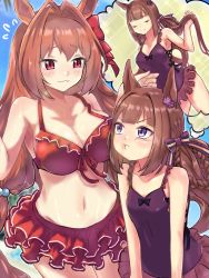 Rule 34 | 2girls, alternate breast size, animal ears, bikini, breast envy, breasts, brown hair, cleavage, closed eyes, collarbone, commentary request, daiwa scarlet (trifle vacation) (umamusume), daiwa scarlet (umamusume), hair ornament, highres, horse ears, horse girl, large breasts, long hair, multiple girls, navel, pout, purple eyes, red eyes, ryuhirohumi, sweep tosho (monopolizing the chill?) (umamusume), sweep tosho (umamusume), swimsuit, umamusume