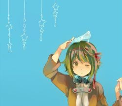 Rule 34 | 1girl, bad id, bad pixiv id, blue background, goggles, goggles around neck, green hair, gumi, hair ribbon, high heels, object on head, one eye closed, ousaka nozomi, ribbon, shoe on head, shoes, unworn shoes, simple background, single shoe, solo, star (symbol), upper body, vocaloid, wink, yellow eyes