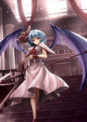 Rule 34 | 1girl, adapted costume, aged up, ascot, bat wings, blue hair, blush, breasts, capelet, corset, eyes visible through hair, fingerless gloves, flower, frills, gloves, hair between eyes, hair flower, hair ornament, head tilt, high heels, highres, indoors, legs, light particles, looking at viewer, looking down, medium breasts, pillar, print gloves, railing, red eyes, red footwear, red gloves, remilia scarlet, shoes, short hair, sinkai, smile, solo, spear the gungnir, stairs, sunlight, touhou, window, wings