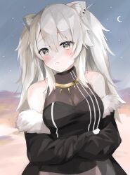 Rule 34 | 1girl, :&lt;, acorn12 o, animal ear piercing, animal ears, breasts, cleavage, commentary, crescent moon, earrings, frown, grey eyes, grey hair, highres, hololive, jewelry, large breasts, lion ears, lion girl, long hair, moon, off-shoulder jacket, off shoulder, see-through, see-through cleavage, shirt, shishiro botan, single earring, sky, sleeveless, sleeveless shirt, solo, star (sky), starry sky, upper body, virtual youtuber