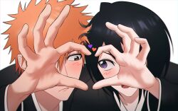 Rule 34 | 1boy, 1girl, :/, black hair, black kimono, bleach, blush, brown eyes, close-up, closed mouth, commentary request, couple, eyebrows hidden by hair, eyelashes, foreshortening, gwao ( ul 13), hair between eyes, hands up, heads together, heart, heart hands, heart hands duo, hetero, highres, japanese clothes, kimono, korean commentary, kuchiki rukia, kurosaki ichigo, long sleeves, looking at another, looking to the side, open mouth, orange hair, purple eyes, short hair, shy, side-by-side, simple background, spiked hair, straight hair, tsurime, v-shaped eyebrows, white background, wide sleeves