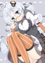 Rule 34 | 1girl, :&lt;, antenna hair, ass, bespectacled, black bow, blue eyes, bow, braid, breasts, commentary request, detached sleeves, dotted line, dress, feet out of frame, glasses, grey background, grey dress, hair between eyes, hair ornament, hand up, highres, kizuna akari, large breasts, long hair, long sleeves, low twintails, milkpanda, orange-framed eyewear, orange sleeves, orange thighhighs, parted lips, puffy short sleeves, puffy sleeves, semi-rimless eyewear, shirt, short sleeves, silver hair, sleeveless, sleeveless dress, solo, star (symbol), striped bow, striped clothes, striped thighhighs, thighhighs, triangle mouth, twin braids, twintails, under-rim eyewear, vertical-striped clothes, vertical-striped thighhighs, very long hair, voiceroid, white shirt