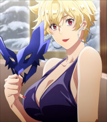 Rule 34 | 1girl, anime screenshot, arito kei, blonde hair, breasts, cleavage, earrings, fuuto tantei, highres, jewelry, large breasts, lipstick, makeup, nail polish, red eyes, solo, stitched, third-party edit