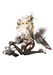 Rule 34 | 1girl, belt, black pantyhose, blonde hair, blue-framed eyewear, braid, breasts, broken, buttons, cannon, cleavage, closed mouth, crown braid, damaged, emden (warship girls r), fire, full body, glasses, green eyes, grey footwear, grey jacket, grey skirt, hands on own head, holding, jacket, knees together feet apart, large breasts, long hair, long sleeves, looking at viewer, machinery, military, military uniform, official art, onceskylark, panties, pantyhose, paper, pencil skirt, pocket, ponytail, round eyewear, searchlight, shoes, simple background, sitting, skirt, smoke, solo, torn clothes, torn pantyhose, torpedo, transparent background, turret, underwear, uniform, wariza, warship girls r, white background, white panties