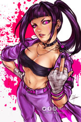 Rule 34 | 1girl, alternate costume, alternate hair length, alternate hairstyle, armband, banchou, bangle, belt, black nails, blunt bangs, borrowed design, bracelet, breasts, choker, cleavage, coat, commentary, delinquent, ear piercing, earrings, english commentary, eyelashes, fingernails, glowing, glowing eye, han juri, hand on own hip, hand wraps, heart belt, highres, jacket, jewelry, linea alba, lipstick, long coat, looking at viewer, makeup, mascara, medium breasts, middle finger, nail polish, navel, navel piercing, nose, o-ring, o-ring choker, open clothes, open jacket, paint splatter, pants, piercing, pink belt, ponytail, purple coat, purple eyes, purple hair, purple pants, purple theme, red lips, solo, spiked choker, spikes, strapless, street fighter, tixie lix, toned, toothpick, tube top
