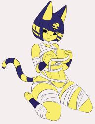 Rule 34 | 1girl, :&lt;, absurdres, animal crossing, animal ears, ankha (animal crossing), bandages, black eyes, blue hair, blunt bangs, bob cut, breasts, cat ears, cat girl, cat tail, closed mouth, covering privates, covering breasts, eyebrows, female focus, full body, furry, furry female, hair ornament, highres, large breasts, looking at viewer, naked bandage, navel, nintendo, pointy ears, seiza, shnibbles, short hair, simple background, sitting, snake hair ornament, solo, stomach, striped tail, tail, white background