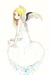 Rule 34 | 1girl, angel, angel wings, arm support, backless dress, backless outfit, bare arms, bare shoulders, blonde hair, blue hair, closed mouth, colored pencil (medium), dress, frilled dress, frills, full body, halo, highres, long hair, looking at viewer, multicolored hair, original, red eyes, shizumi (saluck), simple background, sitting, smile, solo, traditional media, two-tone hair, white dress, wings, yokozuwari