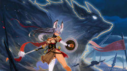 Rule 34 | 1girl, ahoge, animal ears, blue eyes, breasts, cleavage, copyright name, flag, fox ears, gauntlets, grey hair, hair between eyes, holding, holding sword, holding weapon, medium breasts, outdoors, pixiv fantasia, pixiv fantasia age of starlight, shield, single thighhigh, standing, sword, tail, tan, thighhighs, weapon, white thighhighs, ying shi de xia yeji