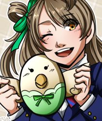 Rule 34 | 1girl, artist name, artist request, bird, blue jacket, blush, bow, breasts, brown eyes, brown hair, collared shirt, female focus, green bow, grey hair, hair bow, holding animal, holding bird, jacket, light brown hair, long hair, looking at viewer, love live!, love live! school idol project, minami kotori, minami kotori (bird), one eye closed, parted lips, red bow, school uniform, shirt, side ponytail, smile, solo, striped, striped bow