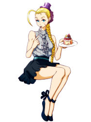 Rule 34 | 1girl, ahoge, alternate costume, alternate hairstyle, antenna hair, bare legs, bare shoulders, blonde hair, blouse, blue eyes, braid, braided ponytail, cake, cammy white, capcom, casual, eating, food, fork, gothic lolita, hat, invisible chair, johnny olm, legs together, lolita fashion, long hair, mini hat, mini top hat, miniskirt, plate, scar, shirt, simple background, single braid, sitting, skirt, sleeveless, sleeveless shirt, slippers, solo, street fighter, striped, toned, top hat, vertical stripes, very long hair
