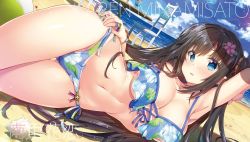 Rule 34 | 1girl, 29 to jk, absurdres, aqua eyes, arm up, armpits, ball, bare legs, beach, beachball, bikini, black hair, blue bikini, blue sky, bracelet, breasts, chair, character name, cleavage, cloud, collarbone, day, drinking straw, dutch angle, flower, glass, gluteal fold, hair flower, hair ornament, highres, horizon, jewelry, large breasts, long hair, looking at viewer, lossy-lossless, lying, minamisato karen, navel, non-web source, novel illustration, ocean, official art, on side, open mouth, outdoors, print bikini, side-tie bikini bottom, sidelocks, sky, solo, sunlight, swimsuit, table, thighs, underboob, wide hips, yan-yam