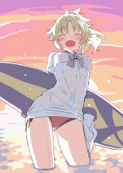 Rule 34 | 1girl, arms behind back, bikini, bikini under clothes, blonde hair, blush, breasts, closed eyes, cloud, colored eyelashes, contrapposto, fate/grand order, fate (series), gluteal fold, groin tendon, highres, mordred (fate), mordred (fate) (all), mordred (swimsuit rider) (fate), mordred (swimsuit rider) (second ascension) (fate), mozu (peth), orange sky, prydwen (fate), purple sky, red bikini, red scrunchie, red sky, scrunchie, side-tie bikini bottom, sky, small breasts, smile, solo, sunset, swimsuit, swimsuit under clothes, wading, wet, wet clothes