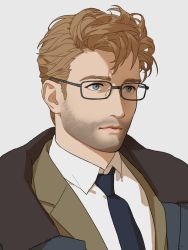 Rule 34 | 1boy, ahoge, alternate facial hair, alternate hairstyle, america (hetalia), axis powers hetalia, blonde hair, blue eyes, brown suit, commentary request, expressionless, facial hair, formal, glasses, grey background, male focus, aged up, solo, stubble, suit, to@st