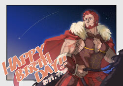Rule 34 | 1boy, absurdres, ancient greek clothes, bara, beard, cape, facial hair, fate/grand order, fate (series), feet out of frame, greco-roman clothes, happy birthday, highres, horseback riding, iskandar (fate), large pectorals, looking to the side, male focus, mature male, muscular, muscular male, pectoral cleavage, pectorals, red eyes, red hair, riding, scar, shababuru, shooting star, short hair, sidepec, sky, smile, solo, star (sky), starry sky, thick eyebrows