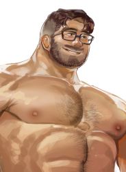 Rule 34 | 1boy, abs, bara, beard, chest hair, chivo (kalchivo), completely nude, facial hair, glasses, hairy, highres, large pectorals, looking to the side, male focus, mature male, muscular, muscular male, nipples, nude, original, pectoral focus, pectorals, short hair, smile, solo, undercut, upper body