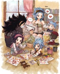Rule 34 | 2boys, 3girls, :d, black hair, black shirt, black shorts, blue hair, blush, book, bookshelf, breasts, brown eyes, brown legwear, brown nails, brown pants, brown shorts, cat, cleavage, crayon, curtains, detached sleeves, drawing, eye contact, fairy tail, family, fang, gajeel redfox, grey legwear, grin, hairband, hand on another&#039;s head, headband, heart, holding, holding pen, if they mated, indian style, indoors, levy mcgarden, long hair, looking at another, multiple boys, multiple girls, nail polish, open mouth, overalls, pantherlily, pants, pantyhose, pen, piercing, rusky, shirt, short shorts, short sleeves, shorts, signature, sitting, sketch, sketchbook, sketching, sleeveless, small breasts, smile, striped clothes, striped shirt, stuffed animal, stuffed toy, tagme, thighhighs, vertical-striped clothes, vertical-striped shirt, very long hair, white legwear, window, wooden floor, zettai ryouiki