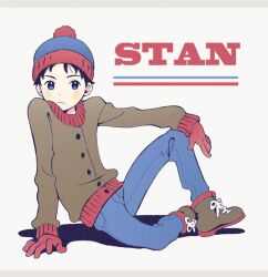 Rule 34 | 1boy, animification, beanie, black hair, blue eyes, blue pants, brown footwear, character name, gloves, gonta (yu37av), hat, long sleeves, male focus, pants, red gloves, shoelaces, shoes, solo, south park, stan marsh, white background