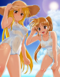 Rule 34 | 00s, 2girls, blonde hair, breasts, brown hair, cloud, covered erect nipples, day, fate testarossa, g-tetsu, hat, highres, lyrical nanoha, mahou shoujo lyrical nanoha strikers, medium breasts, multiple girls, nipples, one-piece swimsuit, open mouth, outdoors, purple eyes, red eyes, school swimsuit, see-through, sky, smile, straw hat, swimsuit, takamachi nanoha, white school swimsuit, white one-piece swimsuit