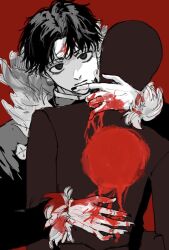 Rule 34 | 1boy, 1other, black coat, black eyes, black hair, black nails, blood, blood on clothes, blood on hands, chrollo lucilfer, coat, cross tattoo, earrings, expressionless, facial mark, facial tattoo, forehead mark, forehead tattoo, hunter x hunter, jewelry, julhxh, long sleeves, looking at viewer, male focus, nail polish, short hair, simple background, solo, tattoo, upper body