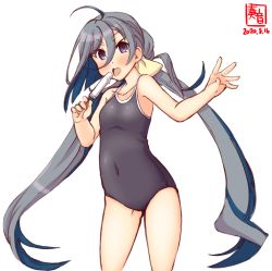 Rule 34 | 1girl, ahoge, artist logo, black one-piece swimsuit, commentary request, competition school swimsuit, cowboy shot, dated, flat chest, food, grey eyes, grey hair, hair between eyes, hair bun, highres, kanon (kurogane knights), kantai collection, kiyoshimo (kancolle), licking, low twintails, one-piece swimsuit, popsicle, school swimsuit, simple background, single hair bun, solo, swimsuit, twintails, white background